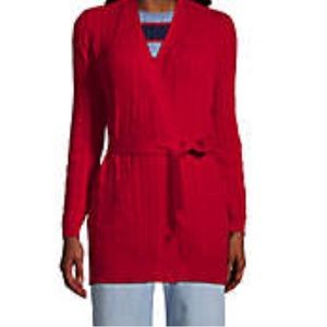 Petite Lands' End Fine Gauge Cotton Cable Belted Cardigan Sweater